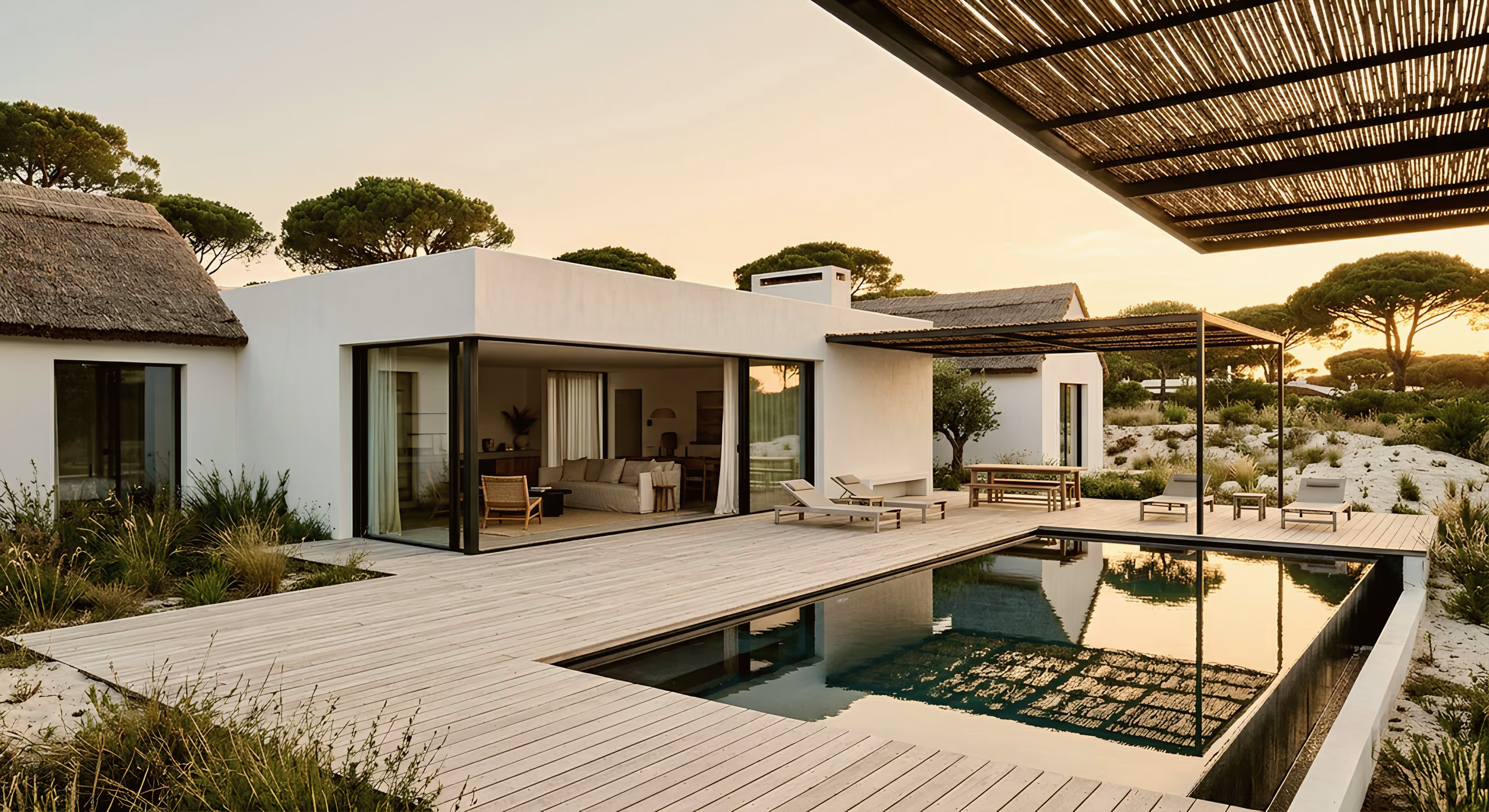 Vivenda contemporânea ao entardecer, em Comporta, com piscina e pinhal.