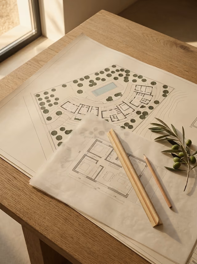 Desenhos de arquitetura sobre uma secretária.